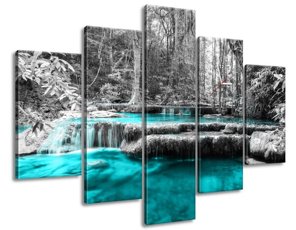 Obraz s hodinami Modrý vodopád v džungli - 5 dielny Rozmery: 150 x 105 cm