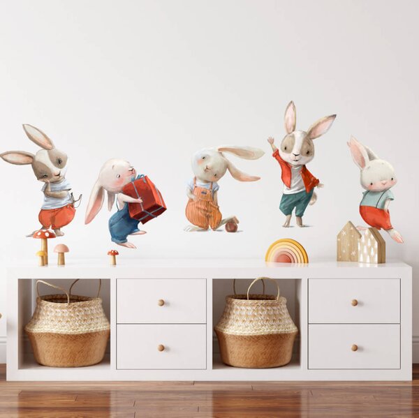 INSPIO-textilná prelepiteľná nálepka - Malí zajkovia z rozprávkova - akvarelové nálepky na stenu