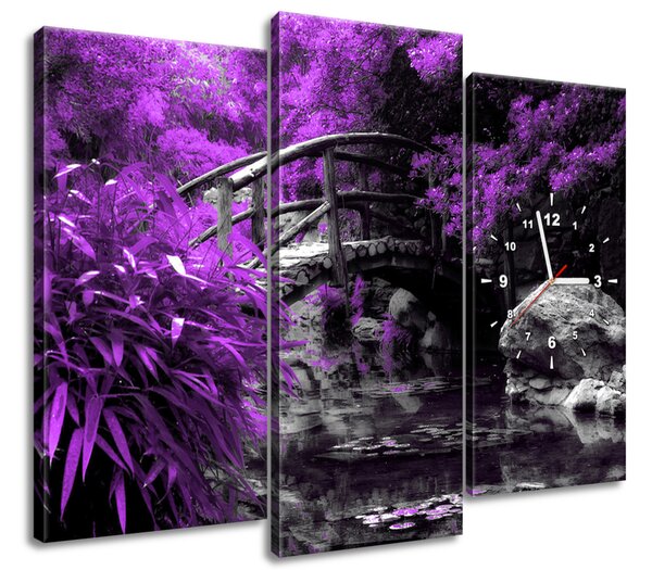 Gario 3 dielny obraz s hodinami Fialová Japonská záhrada Veľkosť: 90 x 70 cm