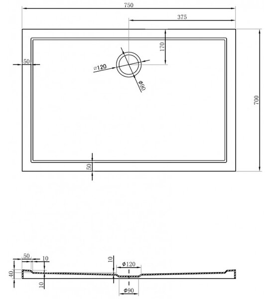Mexen Flow, obdĺžniková sprchová vanička slim 75 x 70 cm, čierna matná, 46R707075