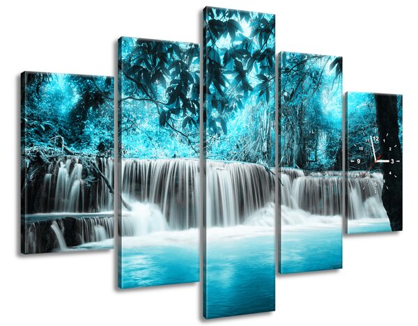 Obraz s hodinami Vodopád v modrej džungli - 5 dielny Rozmery: 150 x 105 cm