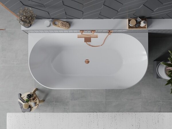 Mexen Oval Slim, voľne stojaca vaňa ku stene 170 x 80 cm, biela lesklá, ružové zlato prepad, 52661708000-60