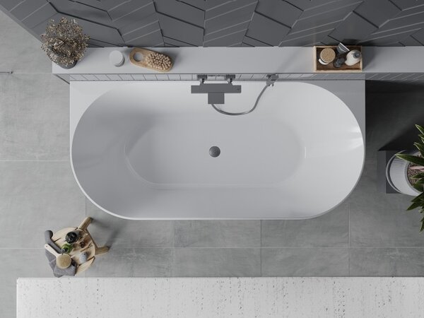 Mexen Oval Slim, voľne stojaca vaňa ku stene, 170 x 80 cm, biela-šedá, brúsený grafit prepad, 52661708062-66