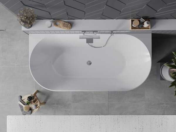 Mexen Oval Slim, voľne stojaca vaňa ku stene 170 x 80 cm, biela lesklá, chrómový prepad, 52661708000-01