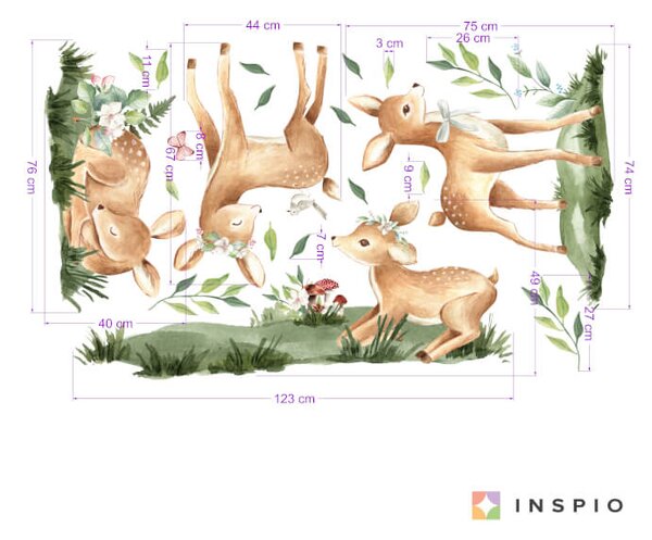 INSPIO-textilná prelepiteľná nálepka - Hravé srnky na lúke - samolepky na stenu