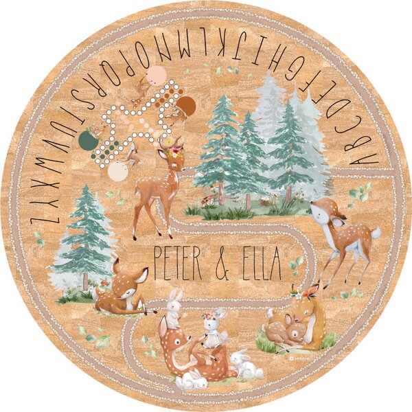 INSPIO-korkový koberec s menom - Detský kruhový koberec z korku - Srnky a zajačiky v lese