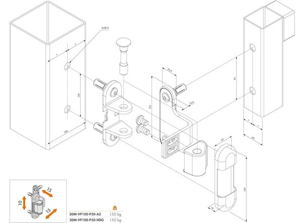 LOCINOX ® 3DM záves pre brány do 150 kg, otvárateľný do 180°, nerez