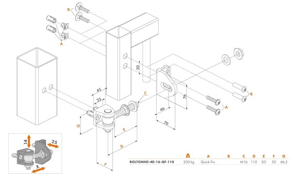 LOCINOX ® BOLTON4D záves M16, otvárateľný 180°, nastaviteľný 3D
