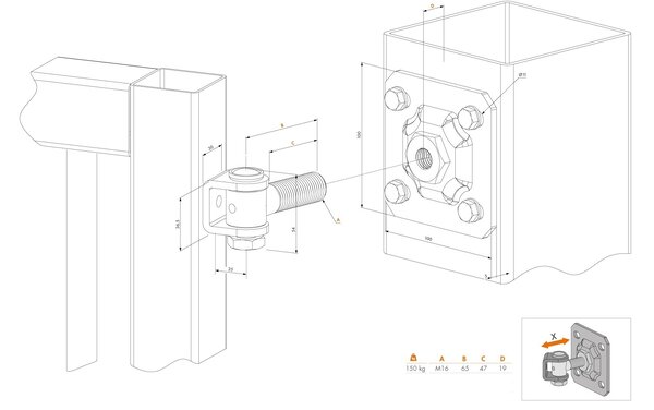 LOCINOX ® Záves M16 s platňou 100 x 100 mm, 90°, nastaviteľný 1D