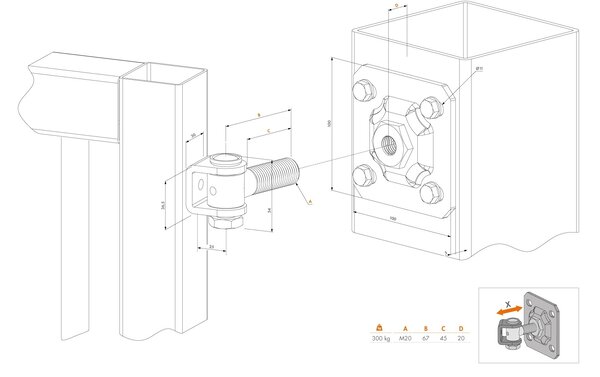 LOCINOX ® Záves M20 s platňou 100 x 100 mm, 90°, nastaviteľný 1D