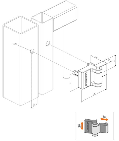 LOCINOX ® Záves pre krídlové bránky do 60 kg/1 m, do 180°, Silver