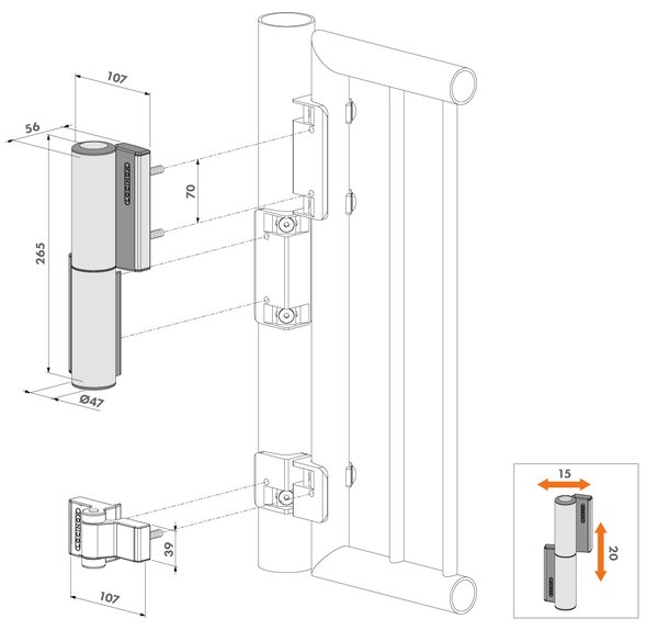 LOCINOX ® Záves, zabudovaný zatvárač, brány do 75 kg/1,1 m, Silver