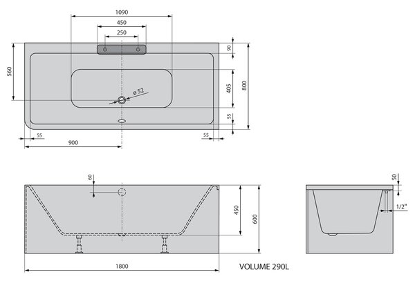 Polysan Polysan, CASCATA R MONOLITH obdĺžniková vaňa 180x80x60cm, kaskáda nerez, 73836MR.100