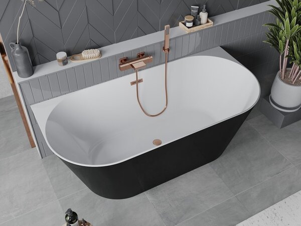 Mexen Oval Slim, voľne stojaca vaňa ku stene, 170 x 80 cm, biela-čierna, medený matný prepad, 52661708075-65