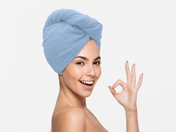 Rýchloschnúci froté turban na vlasy svetlomodrý, 100% bavlna