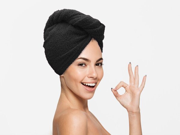 Rýchloschnúci froté turban na vlasy čierny, 100% bavlna