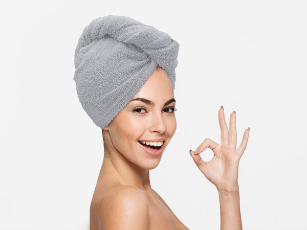 Rýchloschnúci froté turban na vlasy svetlosivý, 100% bavlna