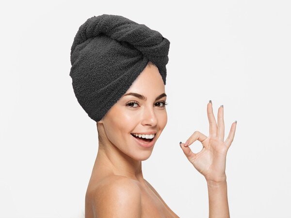Rýchloschnúci froté turban na vlasy tmavosivý, 100% bavlna