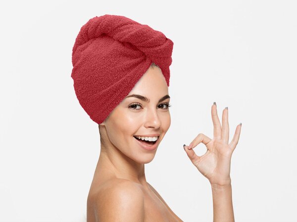 Rýchloschnúci froté turban na vlasy červený, 100% bavlna