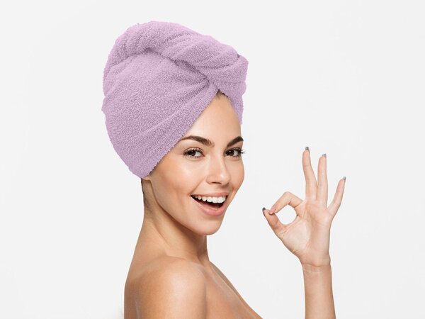 Rýchloschnúci froté turban na vlasy svetlofialový, 100% bavlna
