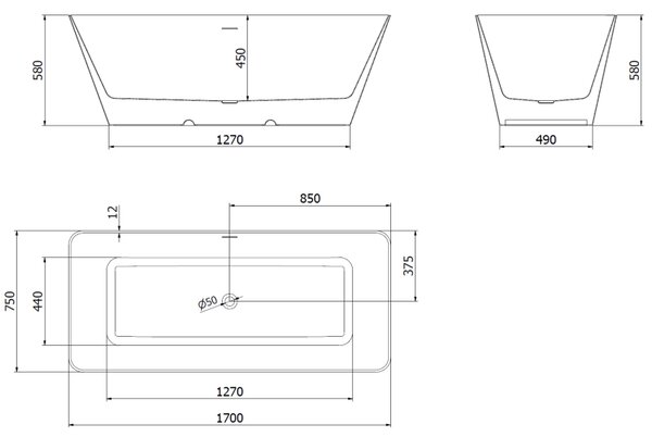 Mexen Velo Slim, voľne stojaca vaňa 170 × 75 cm, biela-čierna, 52811707575-SS