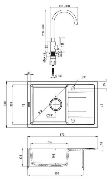 Deante Corio, 1-komorový granitový drez 670x440x175mm + flexibilná drezová batéria, čierna matná, DEA-ZRCPG113