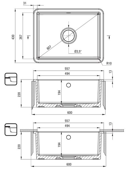 Deante Lumi, 1-komorový keramický drez 557x430x194 mm, biela, DEA-ZCU_610C