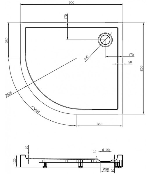 Mexen Flow+ asymetrický pravý štvrťkruhový sprchový kút 90 x 80 cm, čierna matná, 46Q708090RH