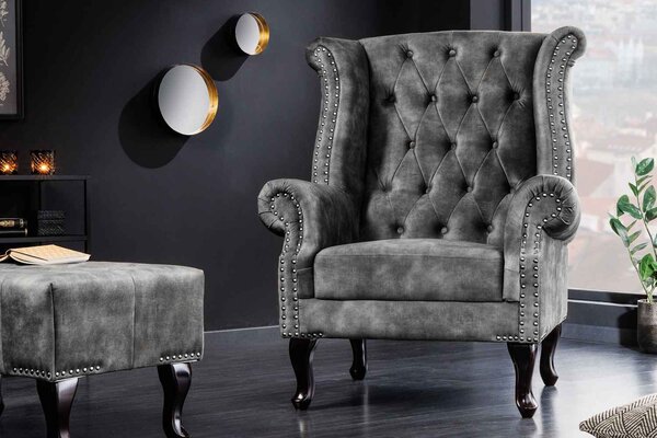 Dizajnové kreslo Chesterfield sivý zamat
