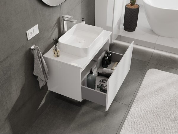 Mexen Orio, kúpeľňová skrinka 80 cm s hornou časťou, 1 zásuvka, biela lesklá, 91A10-08047-1-BFC00