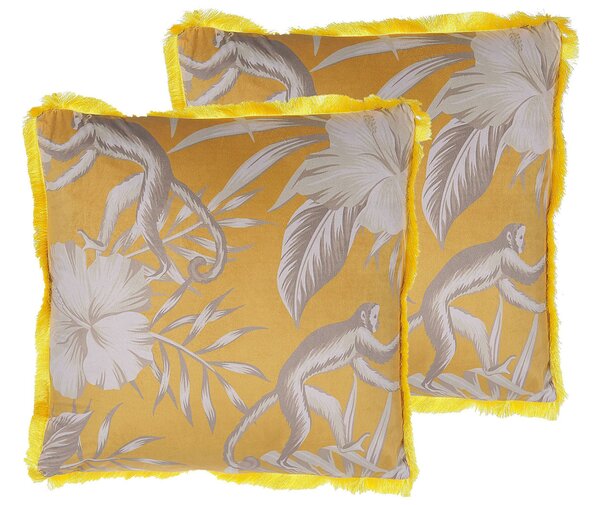 Sada 2 dekoratívnych vankúšov žltá biela sivá polyester 45 x 45 cm štvorcový tvar zvierací vzor so strapcami moderný glamour štýl doplnky