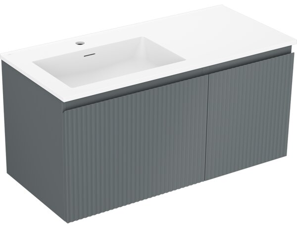 Mexen Rivel, kúpeľňová skrinka 100 cm s umývadlom Otis vľavo, 1S, 1D, drážkovaná, grafitová matná/biela matná, 91A23-10047-3-BBFF66-W18L01