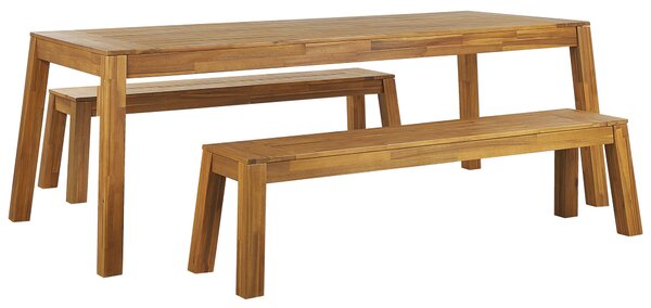 Záhradná jedálenská súprava 3 ks masívne agátové drevo, stôl a 2 lavice, vnútorné i vonkajšie, rustikálny dizajn