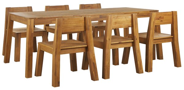 Záhradný jedálenský nábytok sada 7 ks svetlé masívne agátové drevo, stôl a 6 stoličiek, vonkajšie i vnútorné rustikálny moderný štýl