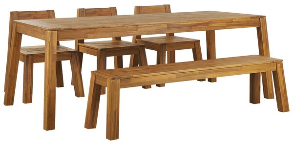 Sada záhradného jedálenského nábytku, 5 ks, svetlé masívne agátové drevo, stôl, lavice, 3 stoličky, rustikálny moderný štýl