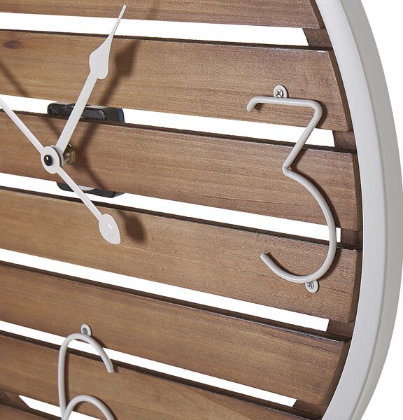 Nástenné hodiny tmavohnedé drevo okrúhle 50 cm ručne vyrábané biely kovový rám a ručičky retro štýl dekorácie