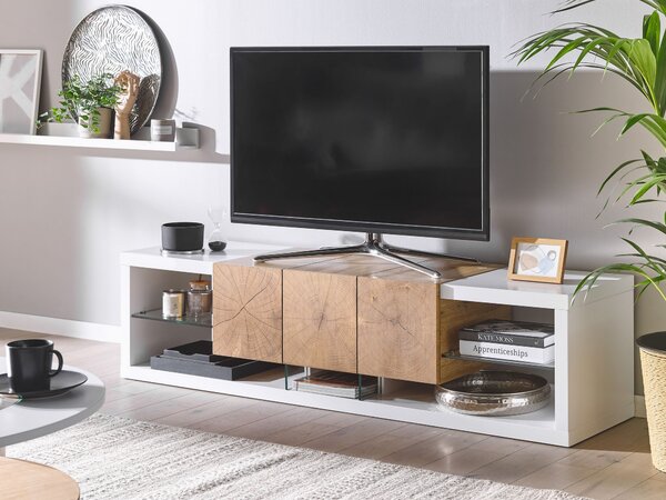TV stolík biely svetlé drevo MDF tvrdené sklo 160 cm do 70 ʺ zásuvka police moderný dizajn