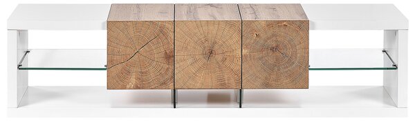 TV stolík biely svetlé drevo MDF tvrdené sklo 160 cm do 70 ʺ zásuvka police moderný dizajn