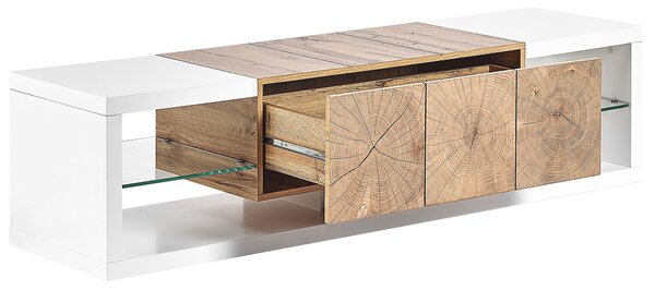 TV stolík biely svetlé drevo MDF tvrdené sklo 160 cm do 70 ʺ zásuvka police moderný dizajn