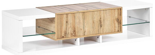 TV stolík biely svetlé drevo MDF tvrdené sklo 160 cm do 70 ʺ zásuvka police moderný dizajn
