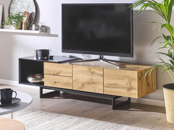 Televízny stolík svetlé drevo čierna MDF doska 160 cm zásuvky a police moderný štýl obývacia izba