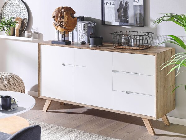 Komoda biela svetlé drevo s 3 zásuvkami 2 otváracie skrinky moderný dizajn škandinávsky štýl