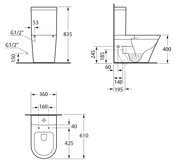 Bruckner Bruckner, DARIO RIMLESS WC kombi misa s nádržkou, spodný/zadný odpad, biela, 201.428.4