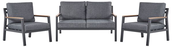 Záhradná sedacia súprava sivá čierna svetlé drevo hliník polyester pre 4 osoby pohovka 2 kreslá stolík moderný štýl záhrada exteriér