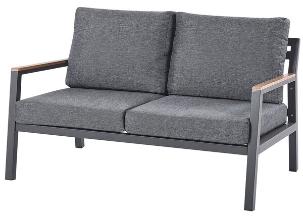 Záhradná sedacia súprava sivá čierna svetlé drevo hliník polyester pre 4 osoby pohovka 2 kreslá stolík moderný štýl záhrada exteriér