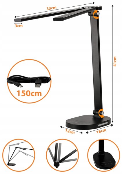 Smart LED LED stolná pracovná lampička CCT/15W/755Lm/USB/čierna farba