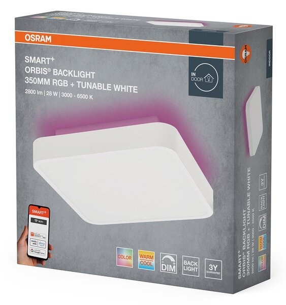 OSRAM OSRAM, ORBIS BACKLIGHT stropné svietidlo, 350x350mm, WIFI RGB + stmievateľné, OSRAM, 2800lm, 28W, IP20, biela, AC314090255
