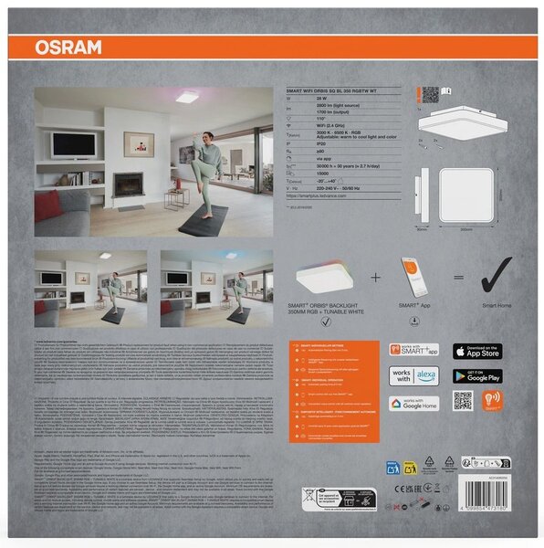 OSRAM OSRAM, ORBIS BACKLIGHT stropné svietidlo, 350x350mm, WIFI RGB + stmievateľné, OSRAM, 2800lm, 28W, IP20, biela, AC314090255