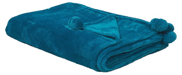 Deka tyrkysová polyester 200 x 220 cm bez vzoru jednofarebná s brmbolcami prikrývka moderný štýl doplnky obývačka spálňa