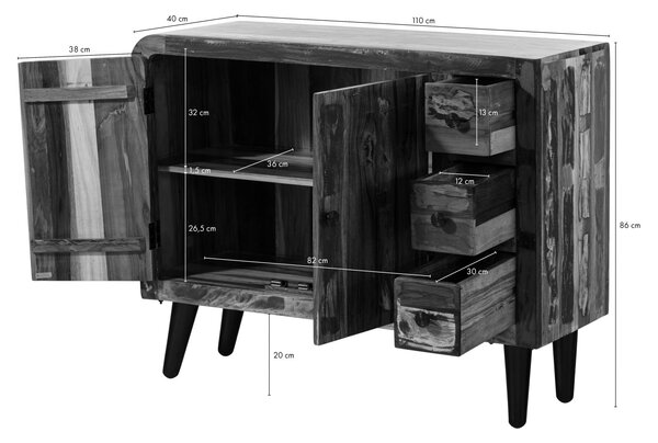 SIXTIES Komoda zo starého dreva, 110x40x86, viacfarebne lakovaná